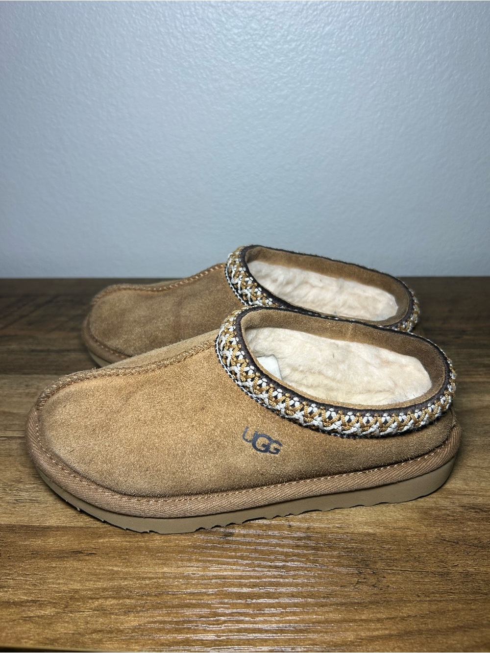 UGG Kids Chestnut Suede Shearling Slip-On Clog with Braided Trim
